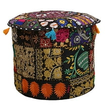 DK Homewares Indian Vintage Patchwork Pouf Chair Seat Black Round Foot Rest Living Room Cotton Embroidered Hassock Pouf Ottoman Cover Floral Traditional 18x18x13 Inch - COVER ONLY