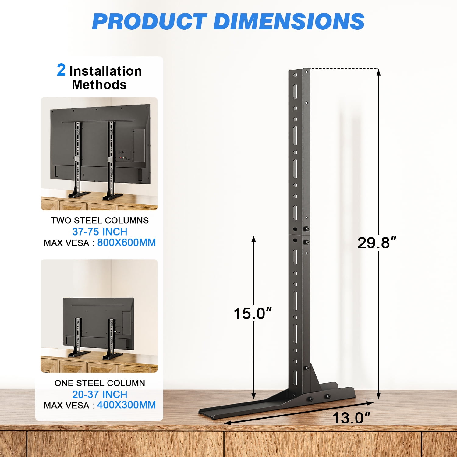 RTVR Universal Table Top TV Stand Base with Mount, Height Adjustable for 20 to 75 inch LCD LED Flat Screen TVs up to 110lbs