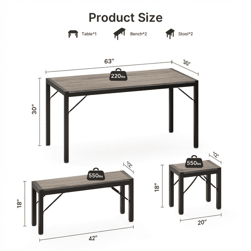 Aiho 63" 6-Seater Dining Set with 2 Stools & 2 Benches, Wood & Metal, Compact for Small Spaces/Breakfast - Gray
