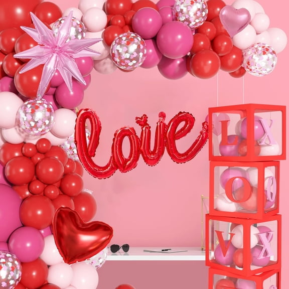 Valentines Day Balloons Arch Garland Kit, Pink Red Valentines Day Party Decorations, Boxes with Letters XOXO LOVE Stars Foil Balloon