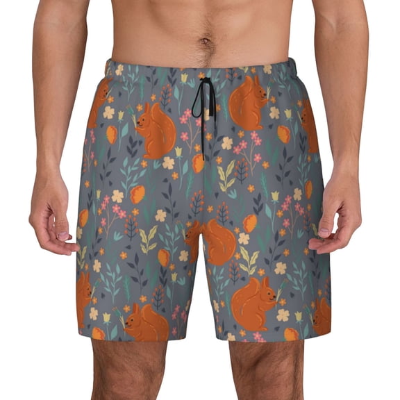 Xecao Floral Squirrel for Men's Swimming Trunks Swim Trunks Quick Dry Swim Shorts with Mesh Lining Funny Swimwear Bathing Suits