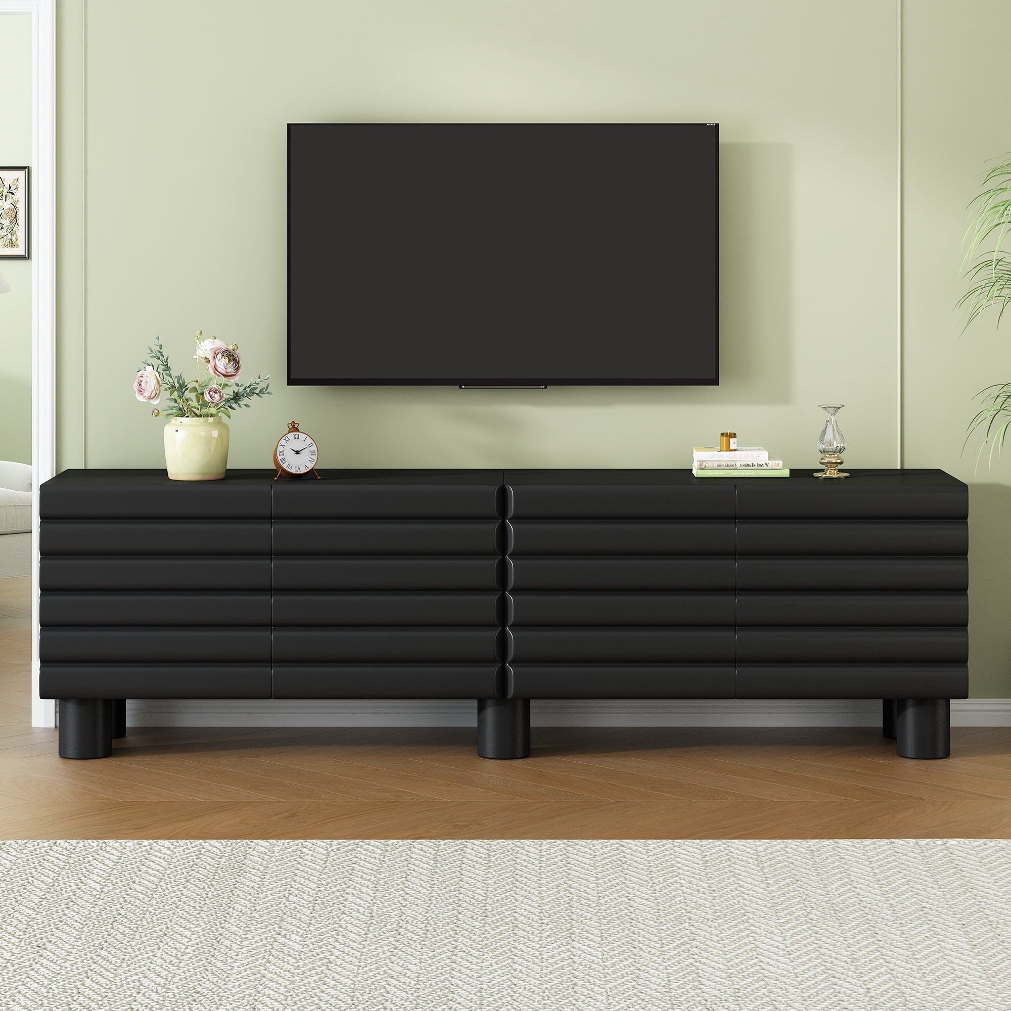 Euroco Stylish Thick Wavy Door TV Cabinet with Adjustable Shelves, Cream Style TV Stand with 4 Cabinets for TVs Up to 75", Solid Media Console with Cylindrical Legs and Cable Holes