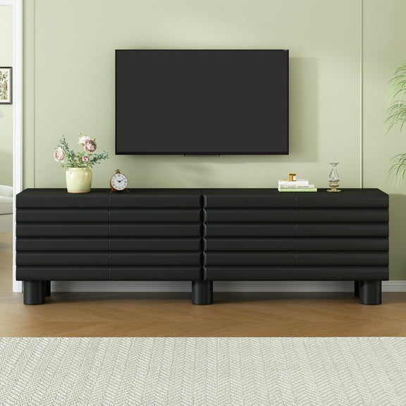 TV Stand for TVs up to 75", Wavy Door Media Console with 4 Adjustable Shelves, Modern TV Cabinet with Cable Management Holes, Solid MDF Entertainment Center for Living Room, Black
