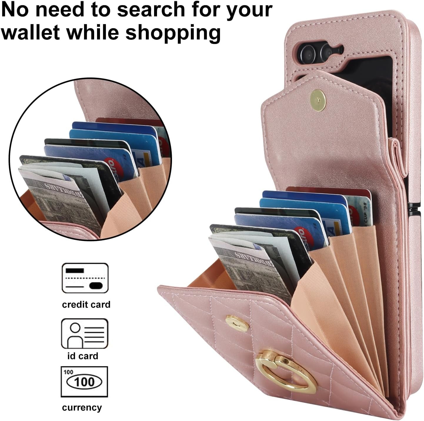 Phone Case for Samsung Galaxy Z Flip 5 5G 2023 Wallet Cover with RFID Blocking Ring Crossbody Wrist Strap Stand Credit Card Holder Leather Cell ZFlip5 Z5 G Flip5 5Z Women Men Girls Rose Gold