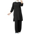 thumbnail image 2 of Summer 2 Piece Outfits Spring Solid Color Muslim Solid Color Long Sleeve Shirt Coat Wide Leg Trousers Suit, 2 of 6