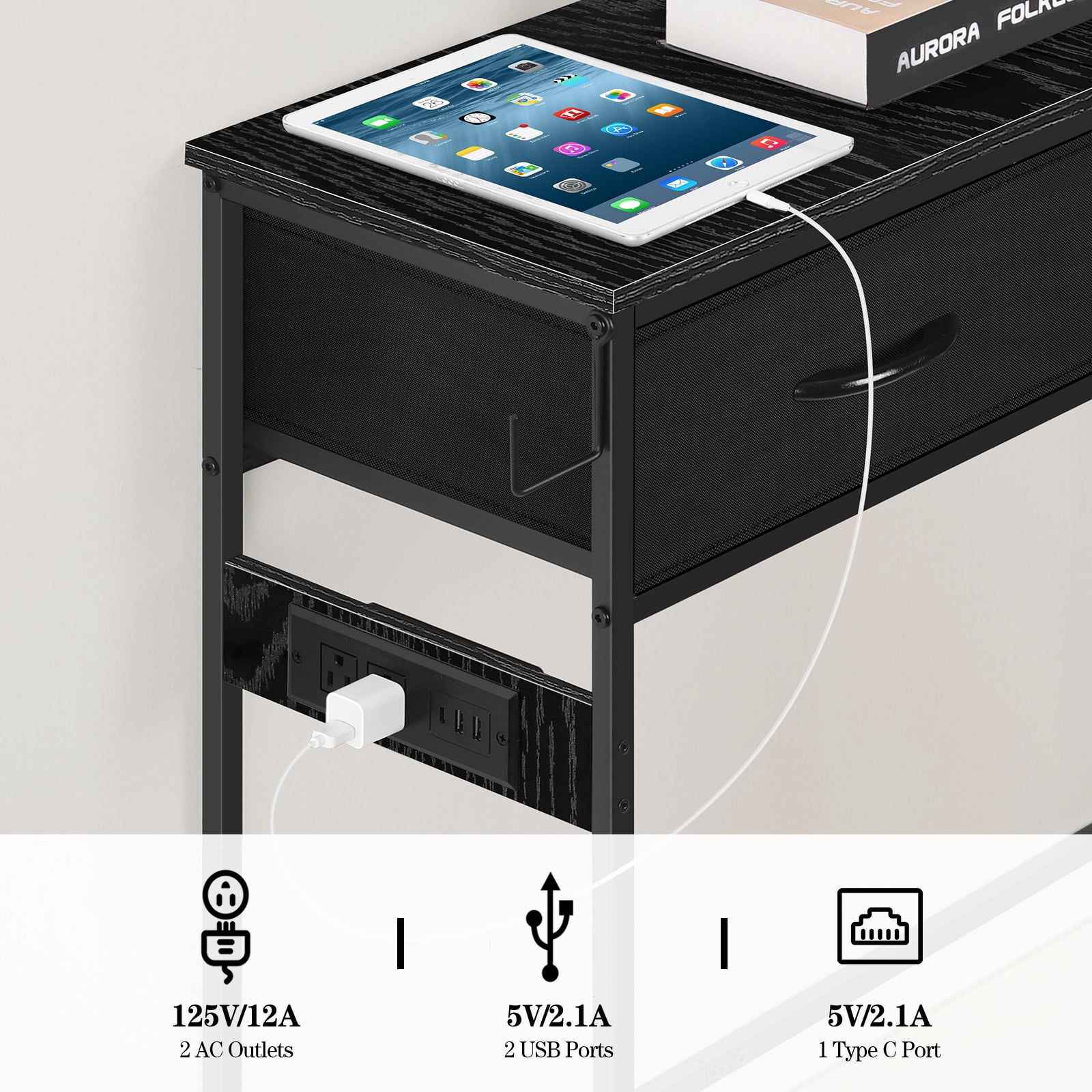 Industrial Console Table with Charging Station, 31.5 Inch Narrow Entryway Table with 2 Fabric Drawers, Side Hook & Adjustable Feet Black