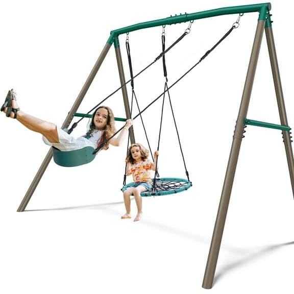 KloKick 7.5ft Heavy Duty Swing Set for Backyard, 500lbs Capacity Outdoor Metal Swing Set for Kids & Adults with Spider Swing and Belt Swing (Green)