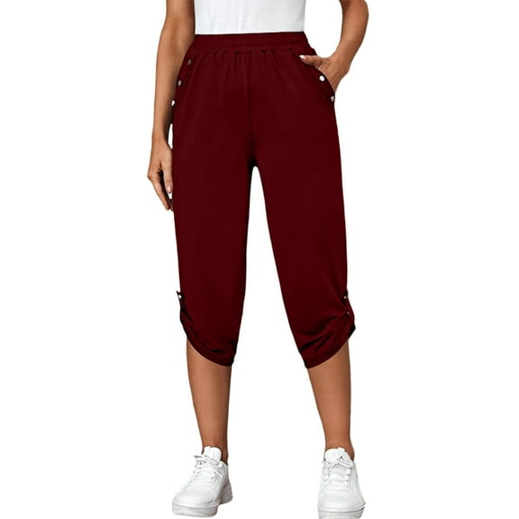 DXOUPM Womens Capris Summer New Casual Cropped Elastic Pants for Women Fashion Red M