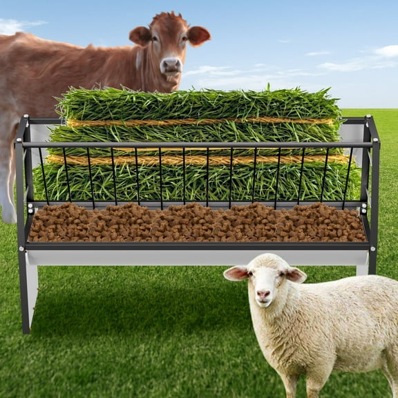 60 Gallon Pasture Feeder, Galvanized Steel Goat Hay Feeder & Livestock Goat Feeder, 60" L for Horses, Ponies, Cow, Sheep, Ranches