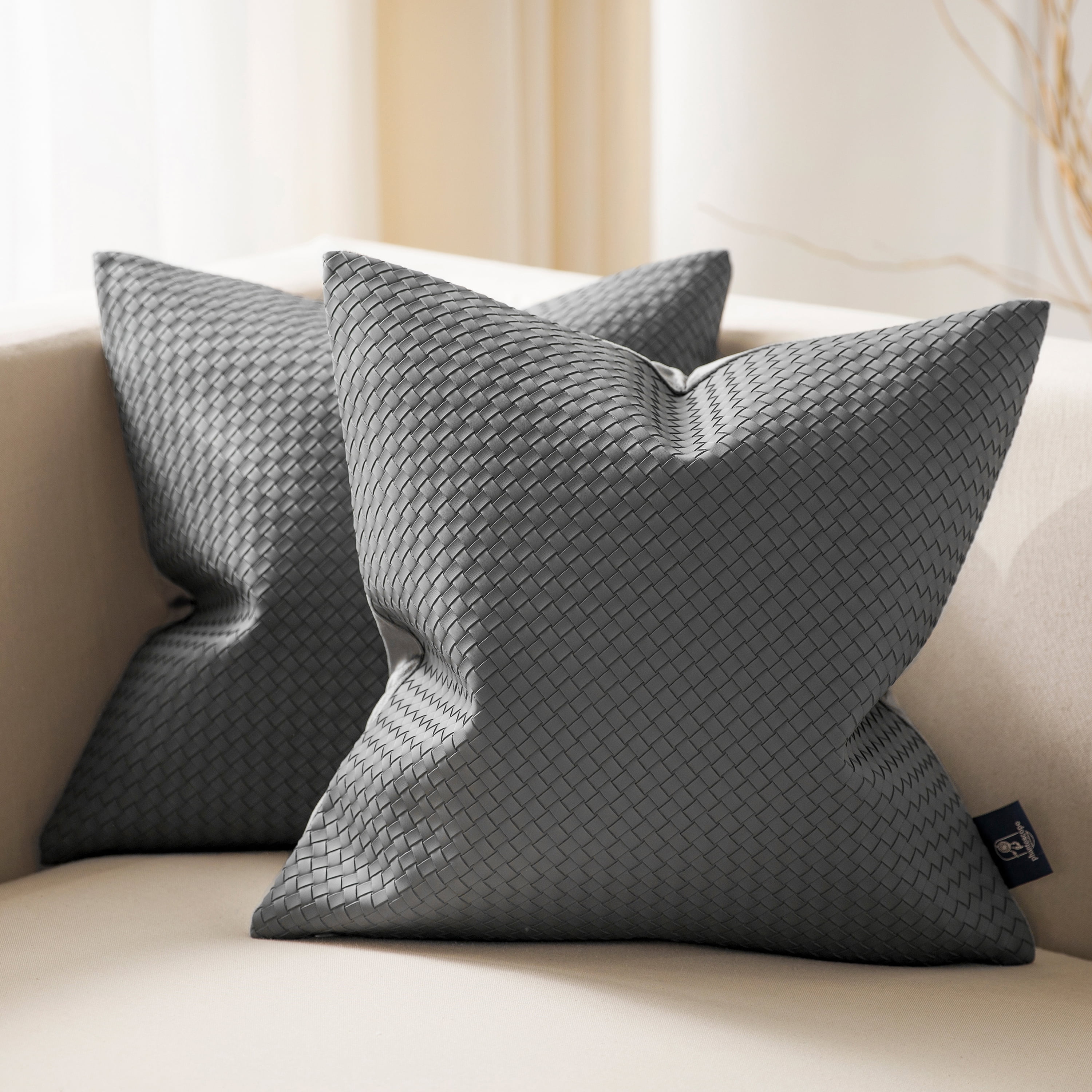 Phantoscope Faux Leather Woven Throw Pillows, Modern Farmhouse Decorative Accent Pillows, Light Gray, 18 x 18 in, Set of 2