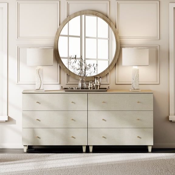 WAMPAT Dresser with 6 Drawers for Bedroom, 2-in-1 Wooden Wide Chest of Drawers, Modern Closet Storage Organizer with Solid Wood Legs for Living Room, Nursery, 70.8x15.4x32.4, Beige Linen Finish
