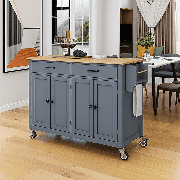 Kitchen Island Cart with Solid Wood Top and Locking Wheels,54.3 Inch Width,4 Door Cabinet and Two Drawers,Spice Rack, Towel Rack (Grey Blue)