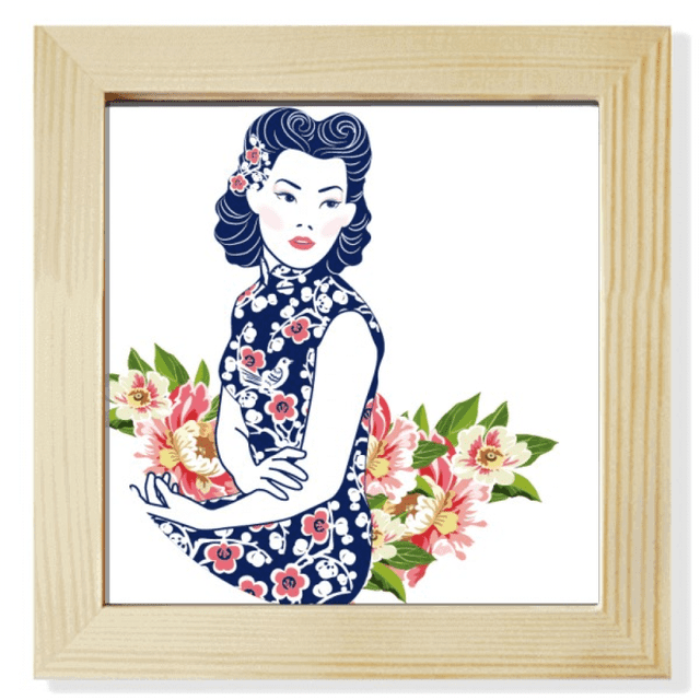 Chinese Culture Blue Flower Woman Square Picture Frame Wall Tabletop Display