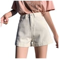 thumbnail image 2 of ZHOGXU Women's Denim Shorts With Pocket Solid Color Tight Waist Folded Hem Breathable Stretch Shorts For Outdoor Activities,White,S, 2 of 4