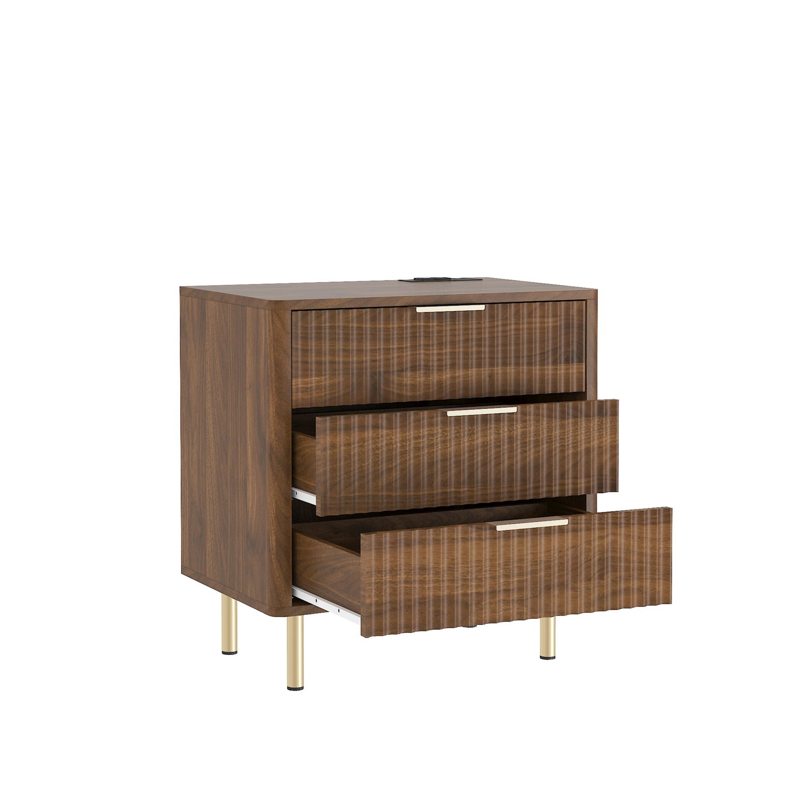 Hommoo 3 Drawer Nightstand with Charging Station & Nightlight, Modern Storage Cabinet Bedside Table for Bedroom, Brown