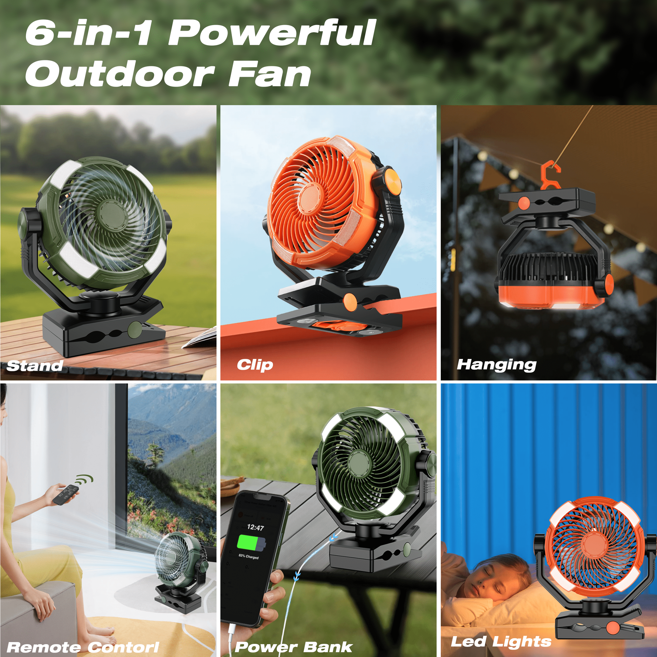 Camping Fan Rechargeable, Desk Fan 20000mAh Large Battery Clip Fan, 4 Speed Portable Fan with Remote, Battery Operated Fan with LED Light and Hanging Hook, Cordless Fan for Tent Picnic Outdoor