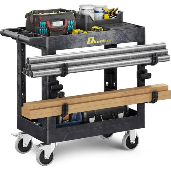 600Lbs Heavy Duty Utility Cart, 34×17inch Plastic Rolling Tool Cart with 360° Swivel Lockable Wheels,/2 Side Hooks, Ergonomic Handle Work cart for Office/Garden/Warehouse/Garage-Black