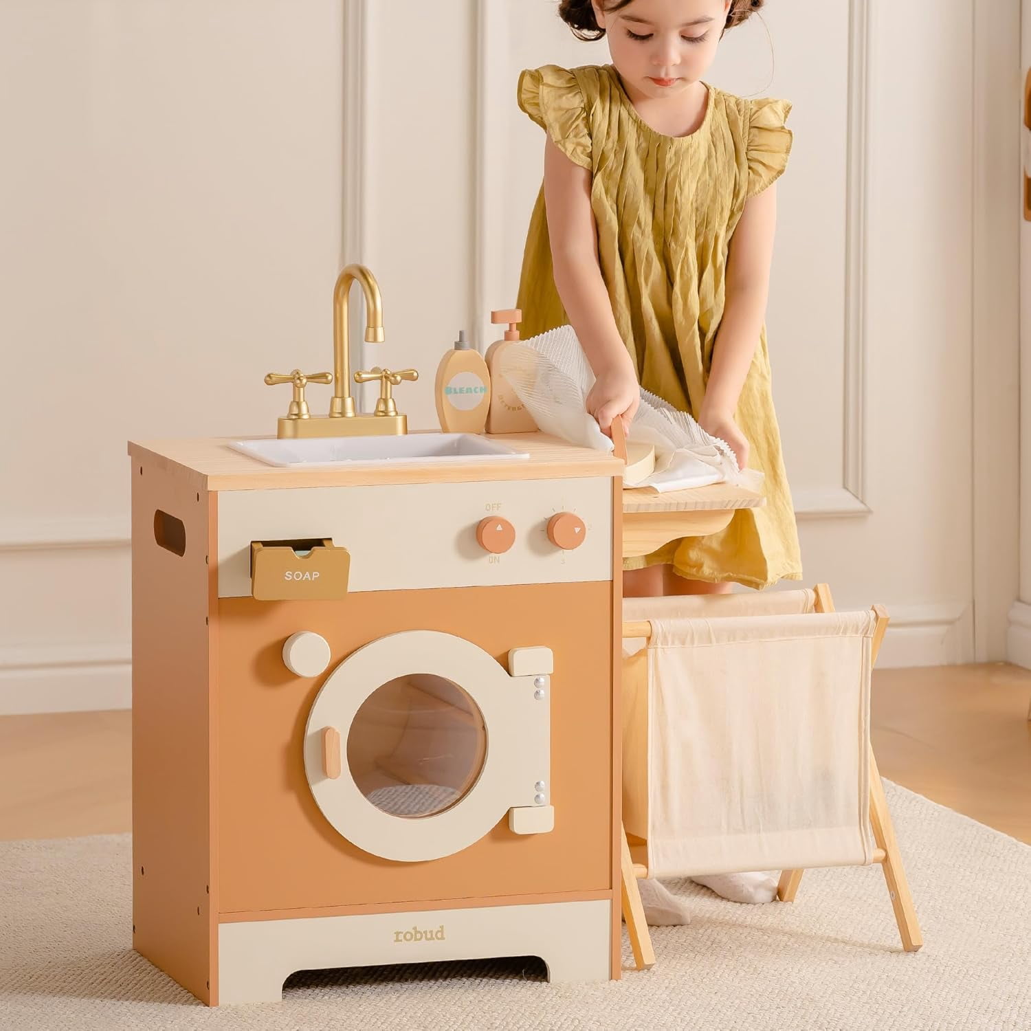 Robud Kitchen Washer Playset Pretend Play Toy Washing Machine with Clothes Basket, Iron and Sink for Kids Age 3+,Caramel