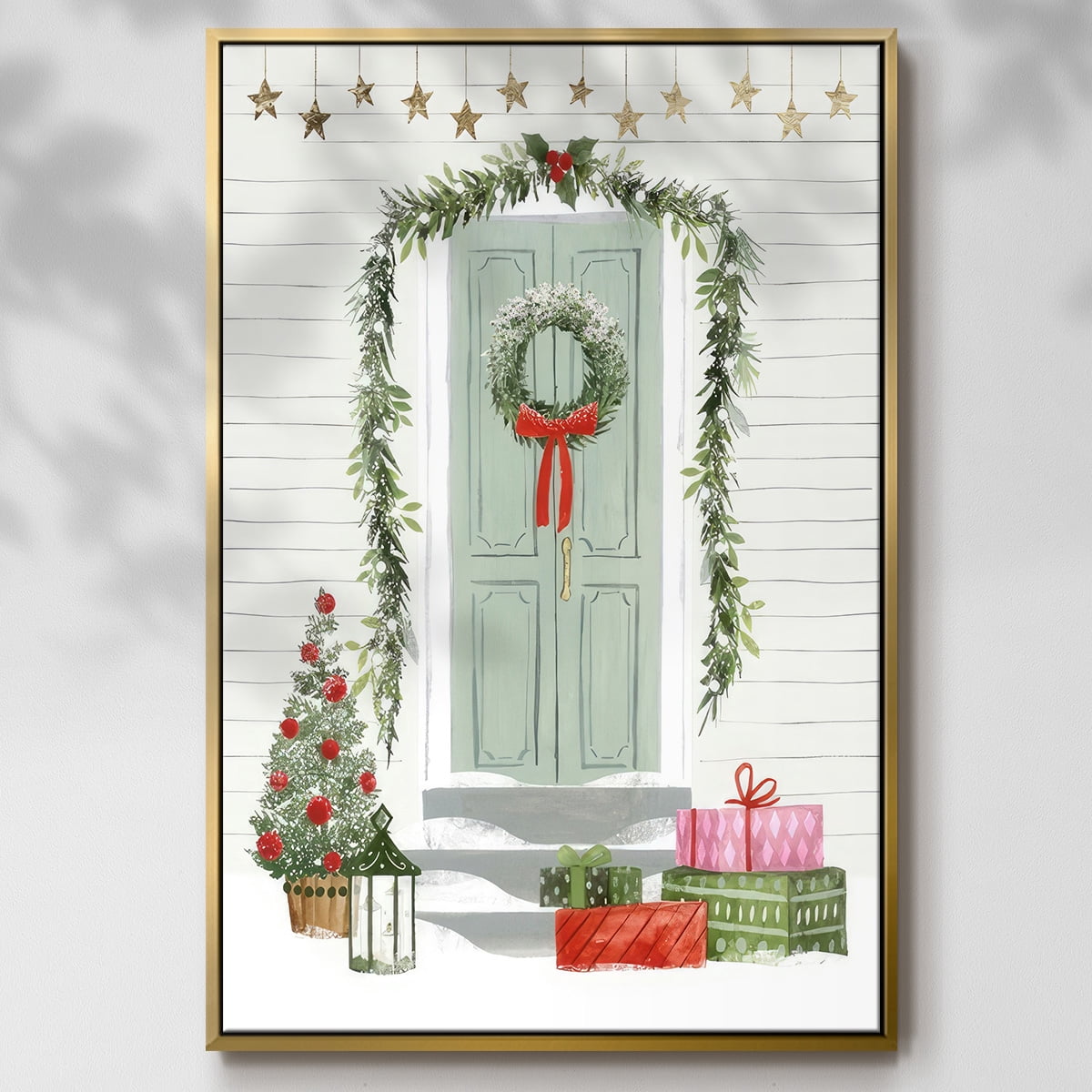 Festive Front Door I - Framed Gallery Wrapped Holiday Canvas - 25 x 37 - Gold Frame