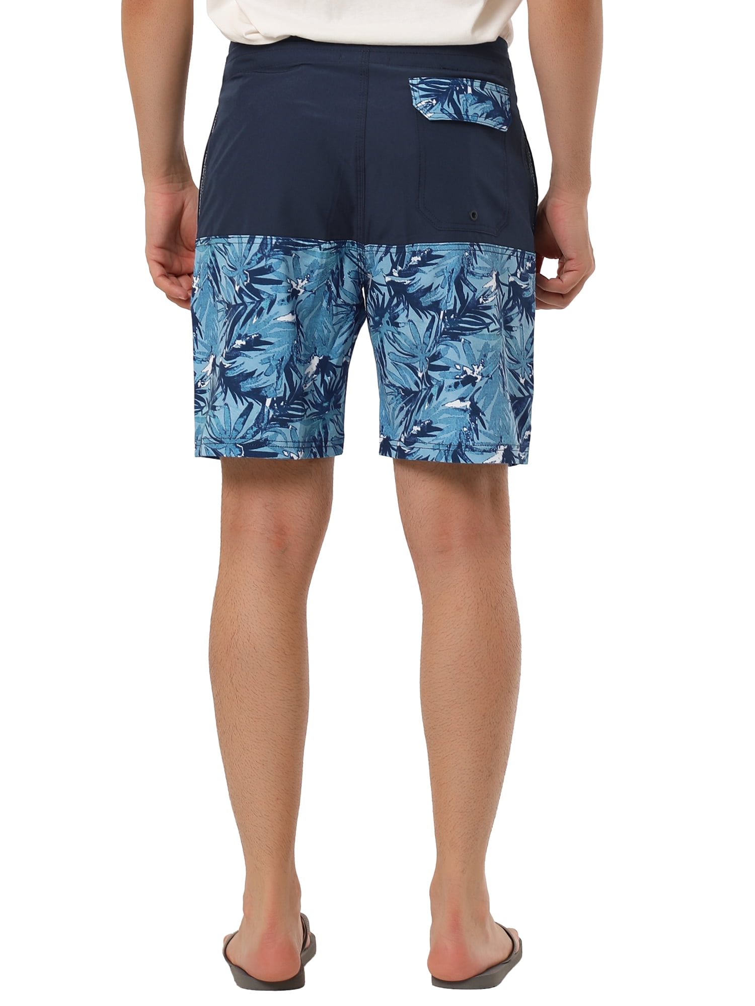 Unique Bargains Men's Summer Swim Color Block Drawstring Beach Board Shorts 32 Navy Leaf
