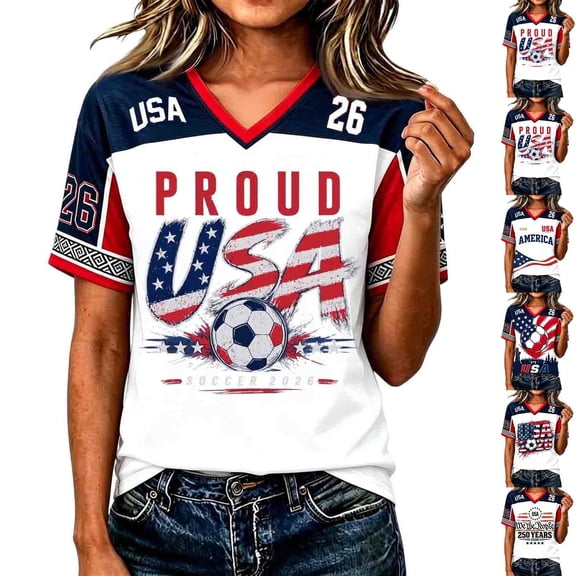 2026 New USA Soccer Jersey for Women, United States Jersey Soccer, V Neck Short Sleeve Football Tee, USA Flag Soccer Jersey Sport Top for Adult(Watermelon Red, 2XL)