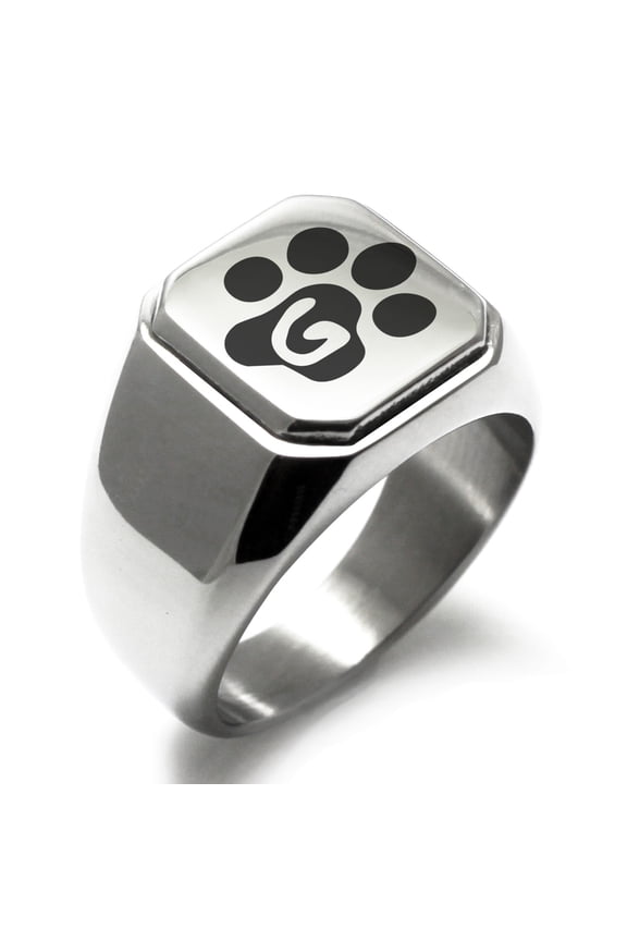 Stainless Steel Letter G Initial Cat Dog Paws Monogram Engraved Engraved Square Flat Top Biker Style Polished Signet Ring