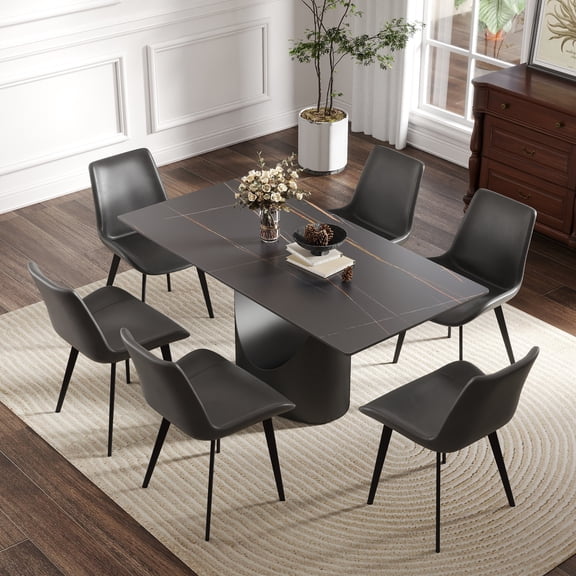 Dining Table, Rectangular Sintered Stone Top with Semi-Arched Iron Metal Legs, 63"L x 31.5"W x 29.53"H, Black Finish, Modern Scratch-Resistant Surface for Dining Room, Seats 6-8 People