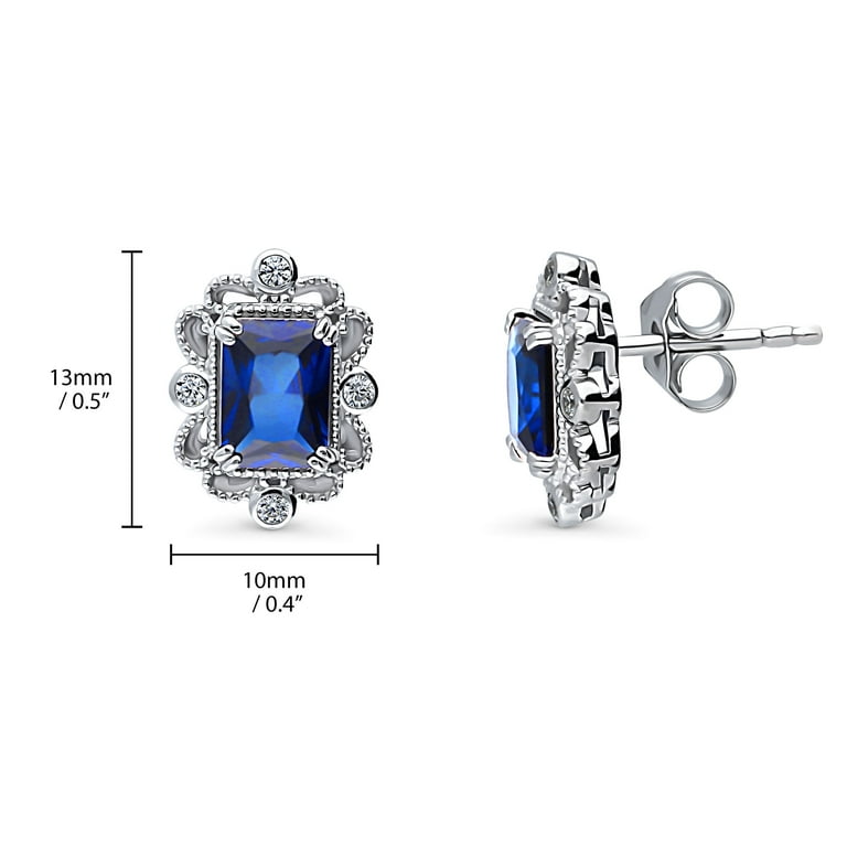 Berricle Sterling Silver Art Deco Simulated Blue Sapphire Cubic Zirconia CZ Milgrain Stud Earrings for Women, Rhodium Plated, Women's, Size: One Size