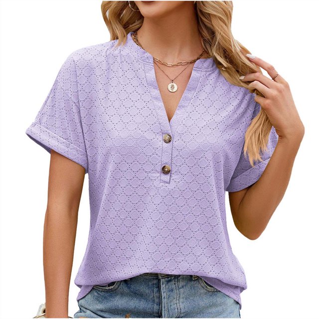 AherBiu Short Sleeve Tops for Women Button Notch V Neck Short Sleeve Boho Travel Shirts Blouse