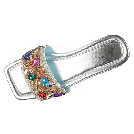 

MIASHUI Shoes for Women Water Diamond Slippers Women s Summer Large Size Flat Bottom Square Head Beach Slippers Silver 7.5