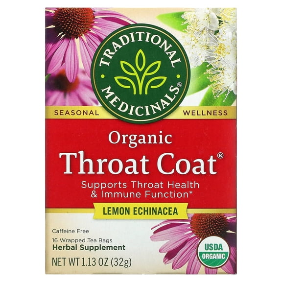 Traditional Medicinals, Organic Throat Coat, Lemon Echinacea, Caffeine Free, 16 Wrapped Tea Bags, 1.13 oz (32 g) Pack of 3
