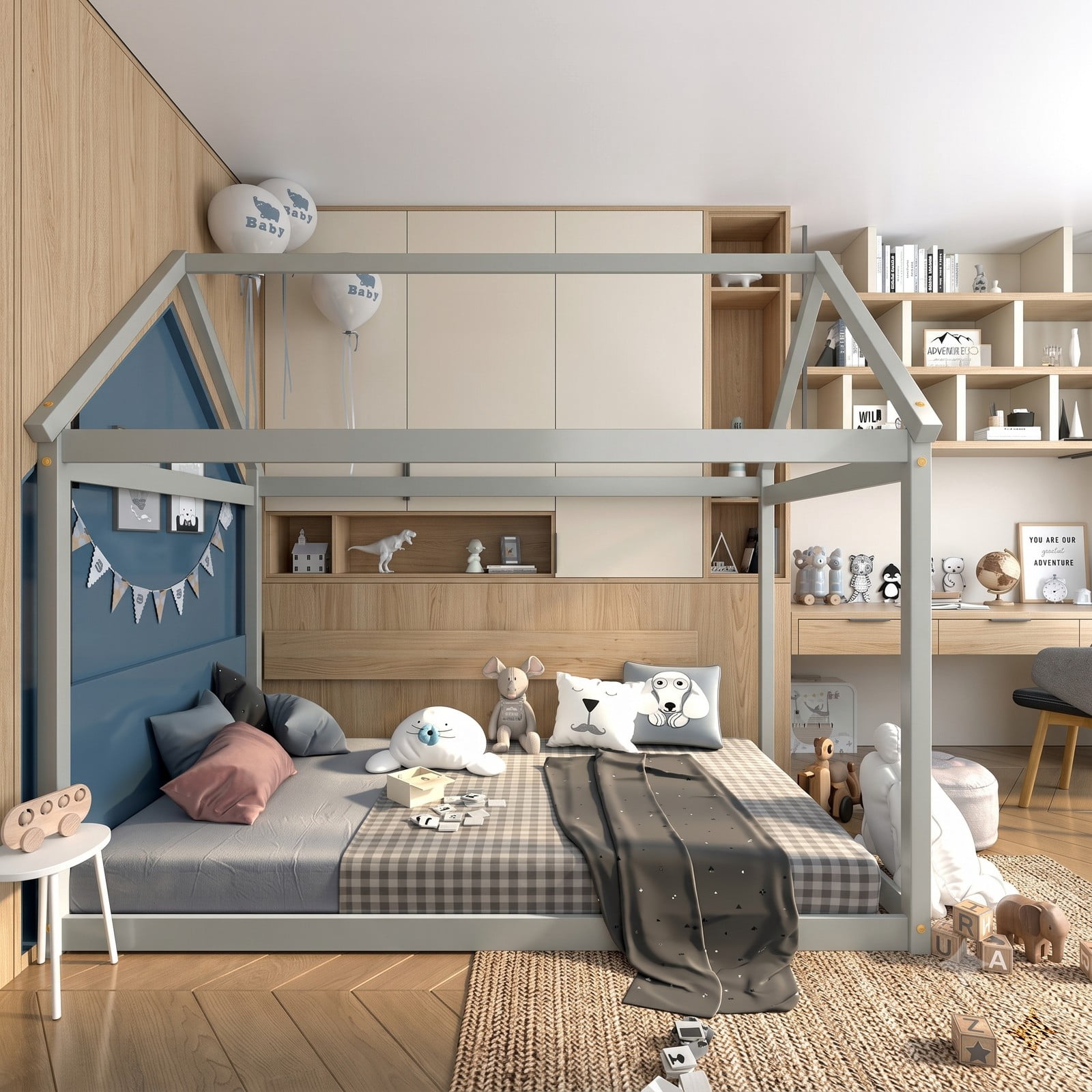 Furnibear Kids House Floor Bed Frame with Roof and Heavy-Duty Slats for Boys and Girls Bedroom with Montessori Design, Gray