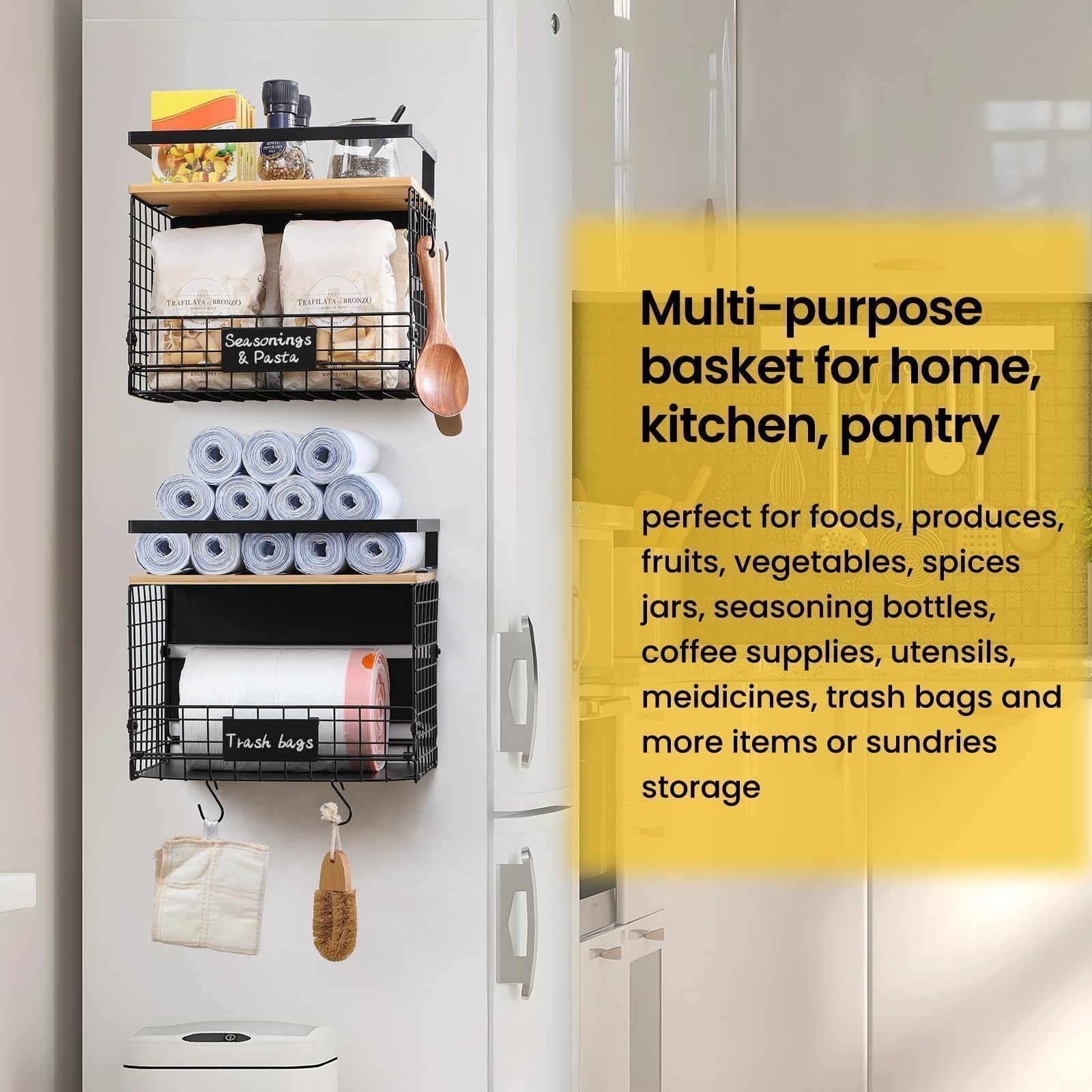 [wider Shelf] 1 Set Strong Magnetic Shelf Basket For Fridge With Tag & Top  Xxl Large Spice Rack Shelves Side Of Refrigerator Kitchen Pantry Storage Organizer Food Fruit Veg