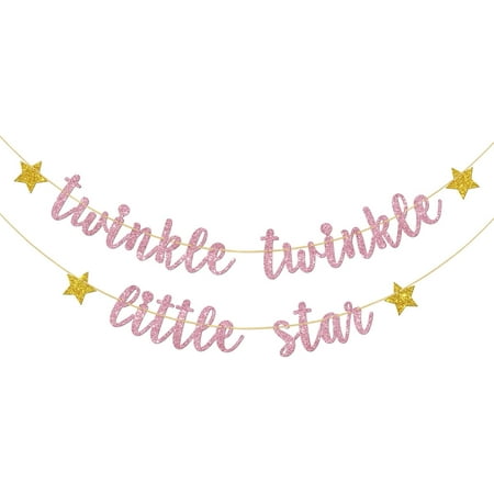 Twinkle Twinkle Little Star Banner - Baby Shower Party Decorations, Kid's Birthday Party Decorations, Gender Reveal Party Decor Supplies (Pink Glitter)