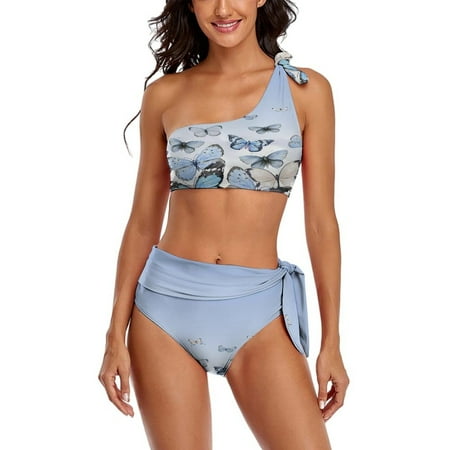 Blue Gradient Butterfly One Shoulder Bowknot Swimsuit Two Piece Swimsuit Knot Crop Top Bikini High Waisted Bathing Suit
