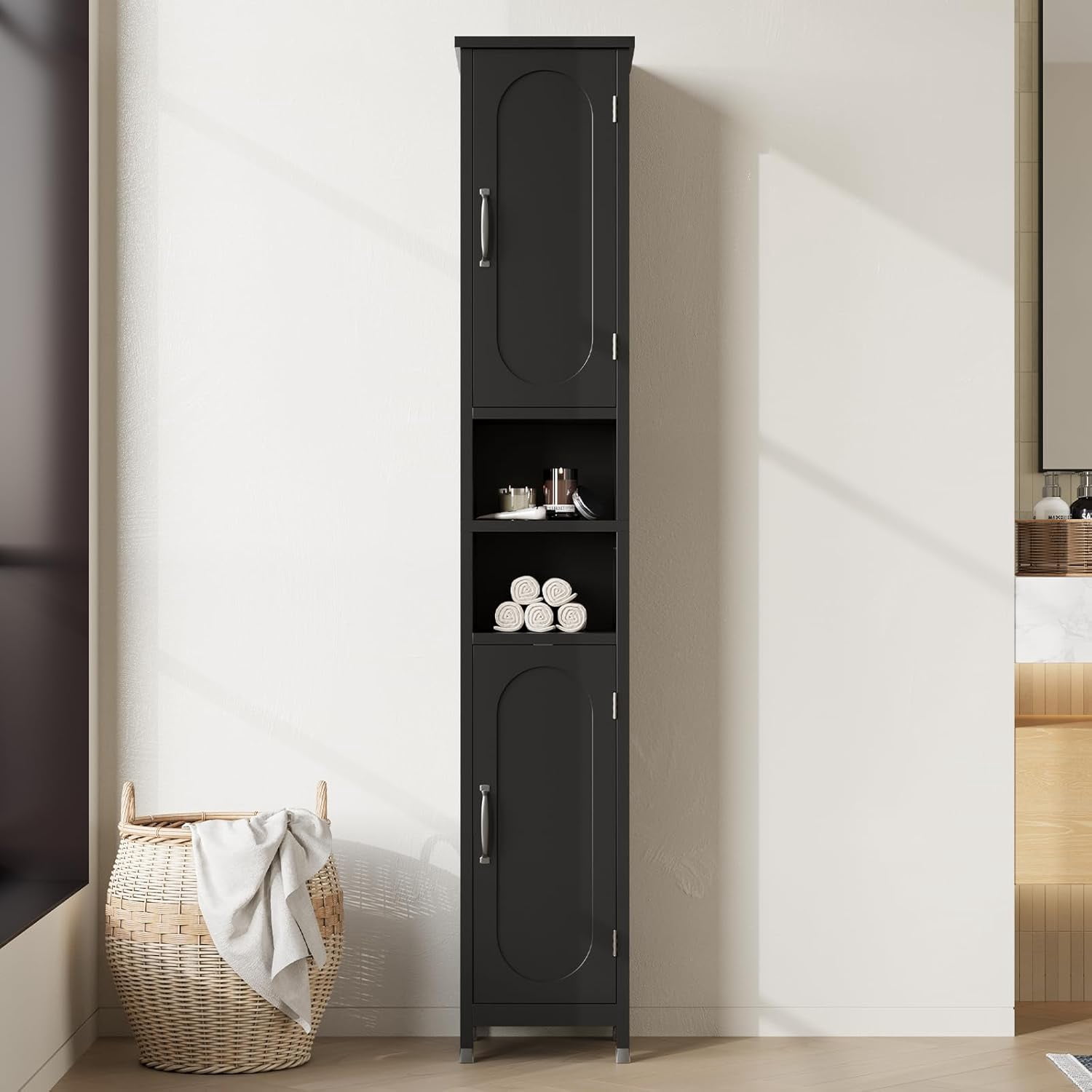 67" Tall Bathroom Storage Cabinet with Lights, Slim Narrow Bathroom Cabinet Organizer with Doors and Adjustable Shelves, Tall Cabinet for Small Space, Living Room, Kitchen, Black