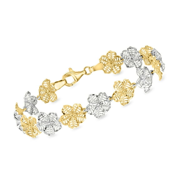 Ross-Simons Sterling Silver and 18kt Gold Over Sterling Floral-Link Bracelet, Women's, Adult