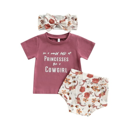 

Western Baby Girl Clothes Short Sleeve Letter Print T-Shirt Tops Cow Print Shorts Boho Baby Girl Summer Clothes