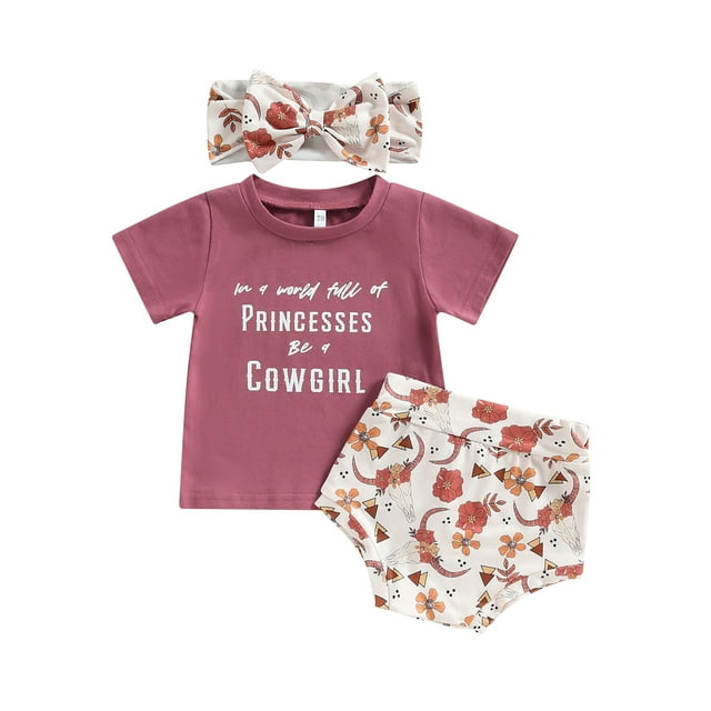 Gupgi Ensemble 2 Pcs pour Bébé Fille Style Western : T-Shirt à Manches Courtes avec Lettres + Short à Motif Floral