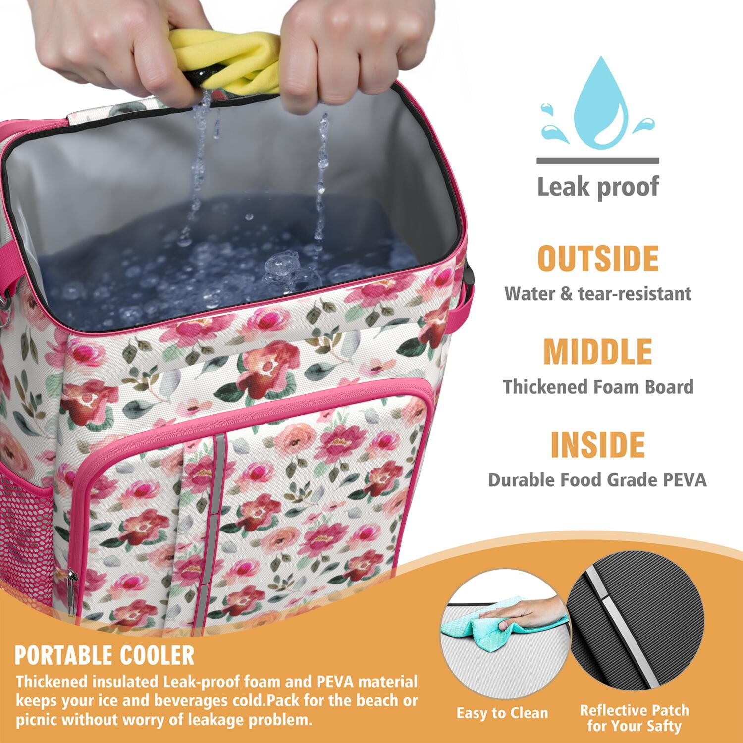Travel Cooler Bag - Pioneer Flower Floral Print Pattern Camping Beer Cooler Backpack with Bottle Opener- Waterproof Insulated Picnic Backpacks - Cooler Bag for Beach