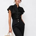 thumbnail image 3 of Uootdi Work Tops for Women Stand Collar Flutter Short Sleeve Button Front Plain Satin Womens Shirts Straight Fit Business Casual Silky Summer Blouses for Women, 3 of 5