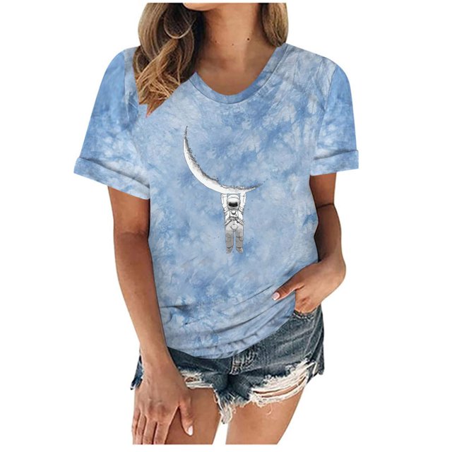 Camiseta con estampado de sol y luna para mujer, camiseta de manga corta con cuello redondo, camiseta informal divertida y bonita para chica adolescente OAVQHLG3B Store lin121212