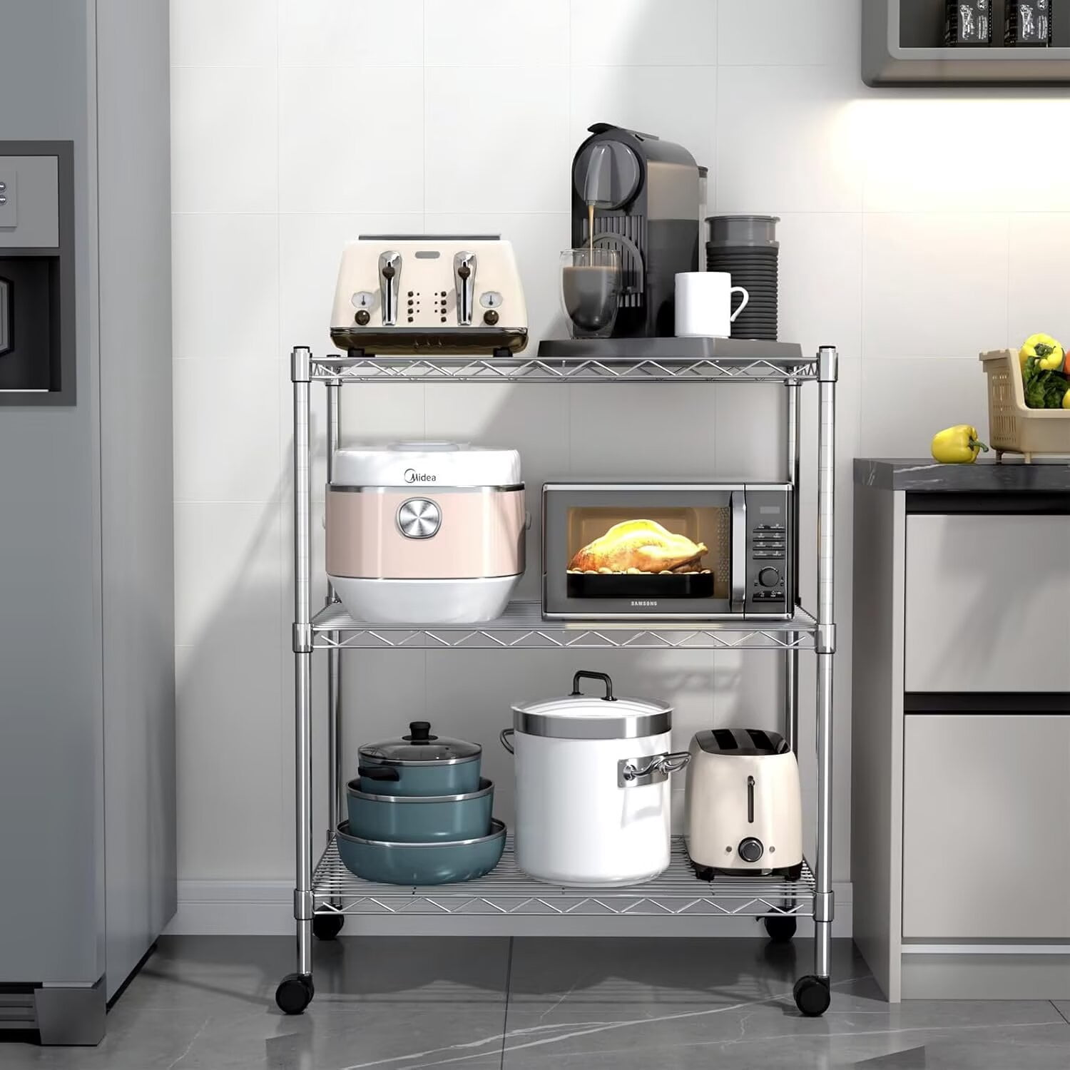 QUIOCOZY Heavy Duty 3-Tier Wire Shelving with Wheels, Adjustable Steel Storage Rack, 750 Lb Capacity, Chrome, 24" x 14" x 30"