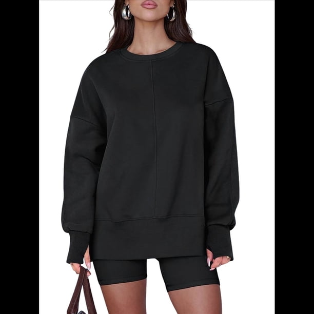 Sudaderas Oversize para Mujer, Cuello Redondo, Larga, Informales, Holgadas, con Aberturas, para Otoño Negro L
