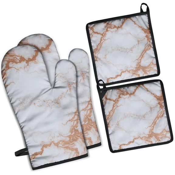 White Rose Gold Marble Pattern Kitchen Oven Mitt and Pot Holder Sets 2 Pcs for Baking, Cooking and Grilling, Heat Resistant Up To 392 °F