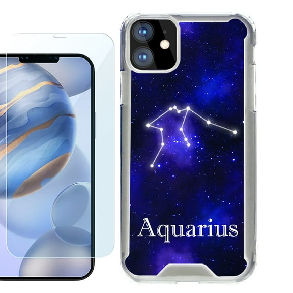 For Apple iPhone 12 Case, iPhone 12 Pro Case, Hybrid Bumper Phone case, with Tempered Glass Screen Protector, by OneToughShield ® - Zodiac / Aquarius