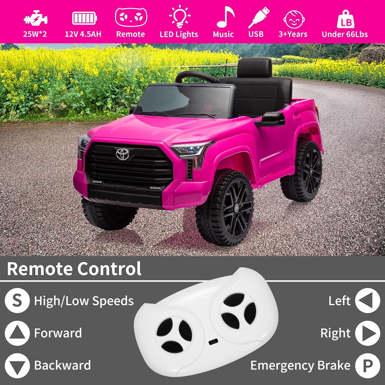 NEILA Toyota Licensed 12V Kids Ride on Truck Car Battery Powered Electric Fun Toys with Remote Control, Spring Suspension, 3 Speeds, LED Lights, Ride on Toy for 3-8 Years Boys & Girls (Rose)