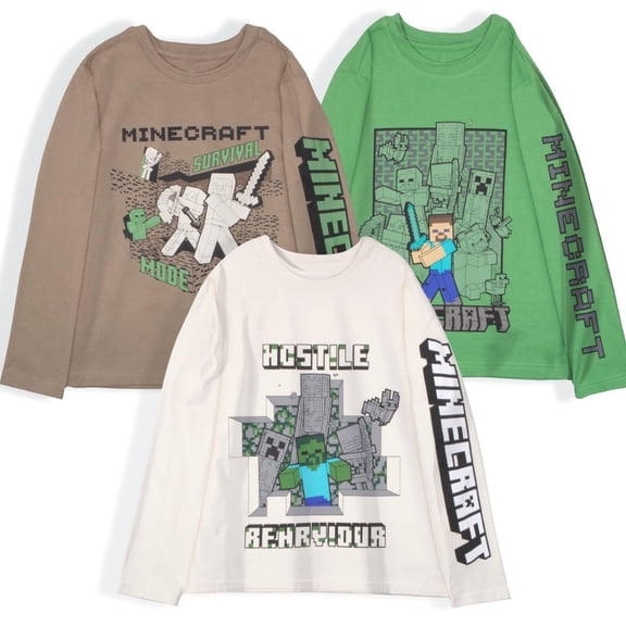 Minecraft Boy's T-Shirt 3-Pack - Casual, Long Sleeve, Soft Cotton Gaming Tees for Kids - Steve, Creeper, Zombie, Skeleton Graphic Print (Sizes 4-16)