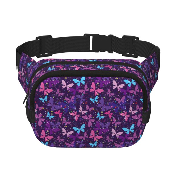 Fotbe Bright Purple Butterflies Cangurera Cuadrada con Estampado de Doble Capa, Bolsa de Cintura Ajustable Mini para Hombres y Mujeres