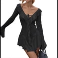 thumbnail image 1 of Vestido Mini Ajustado de Larga con Escote en V y Hombros Descubiertos con Volantes en para Mujer Negro S, 1 of 10